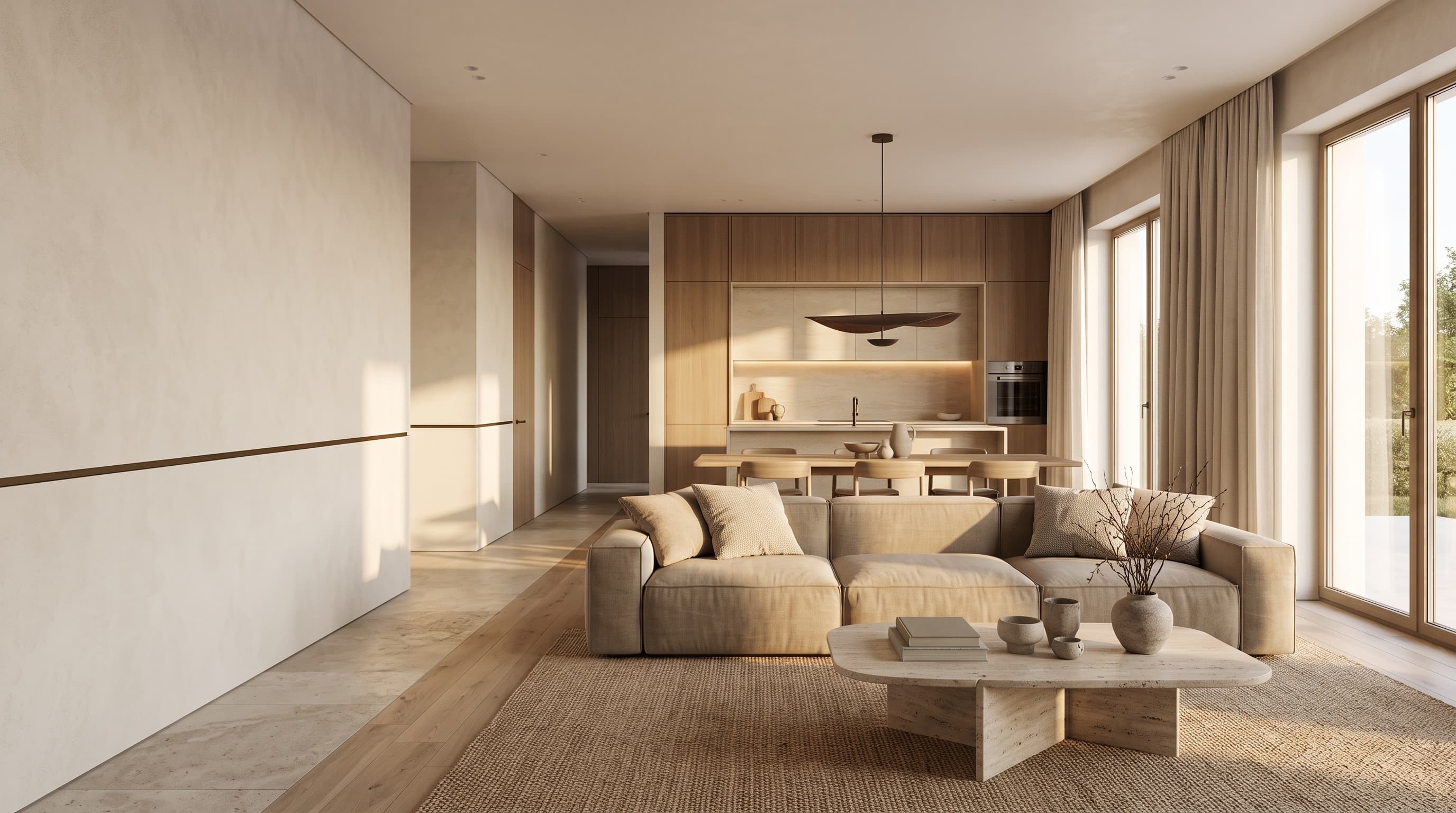 Living luminos și minimalist, cu zonă de dining și bucătărie deschisă — direcția de design VARENO