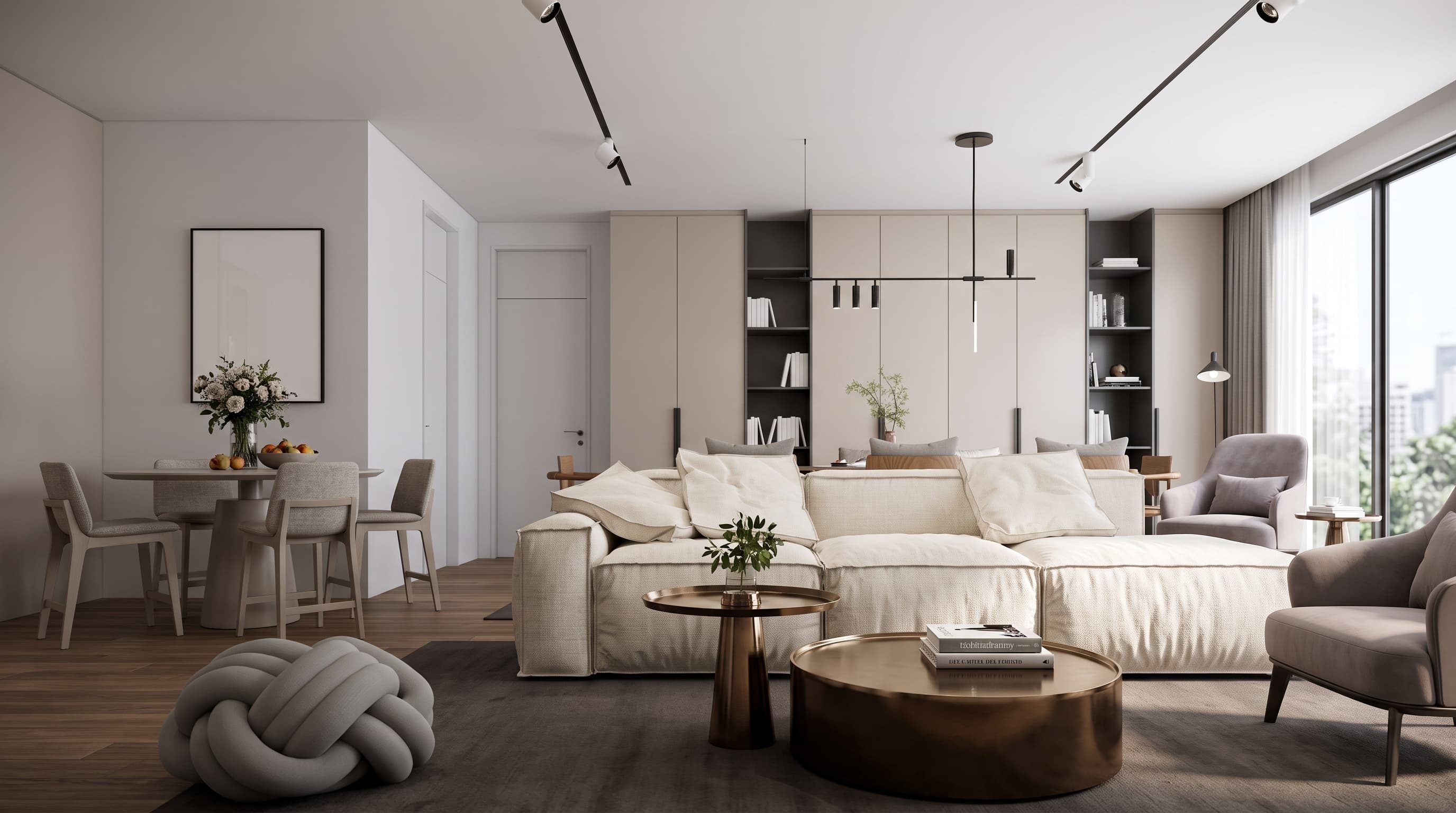 Living minimalist într-un apartament premium, cu mobilier la comandă și vedere spre oraș — direcția de design VARENO