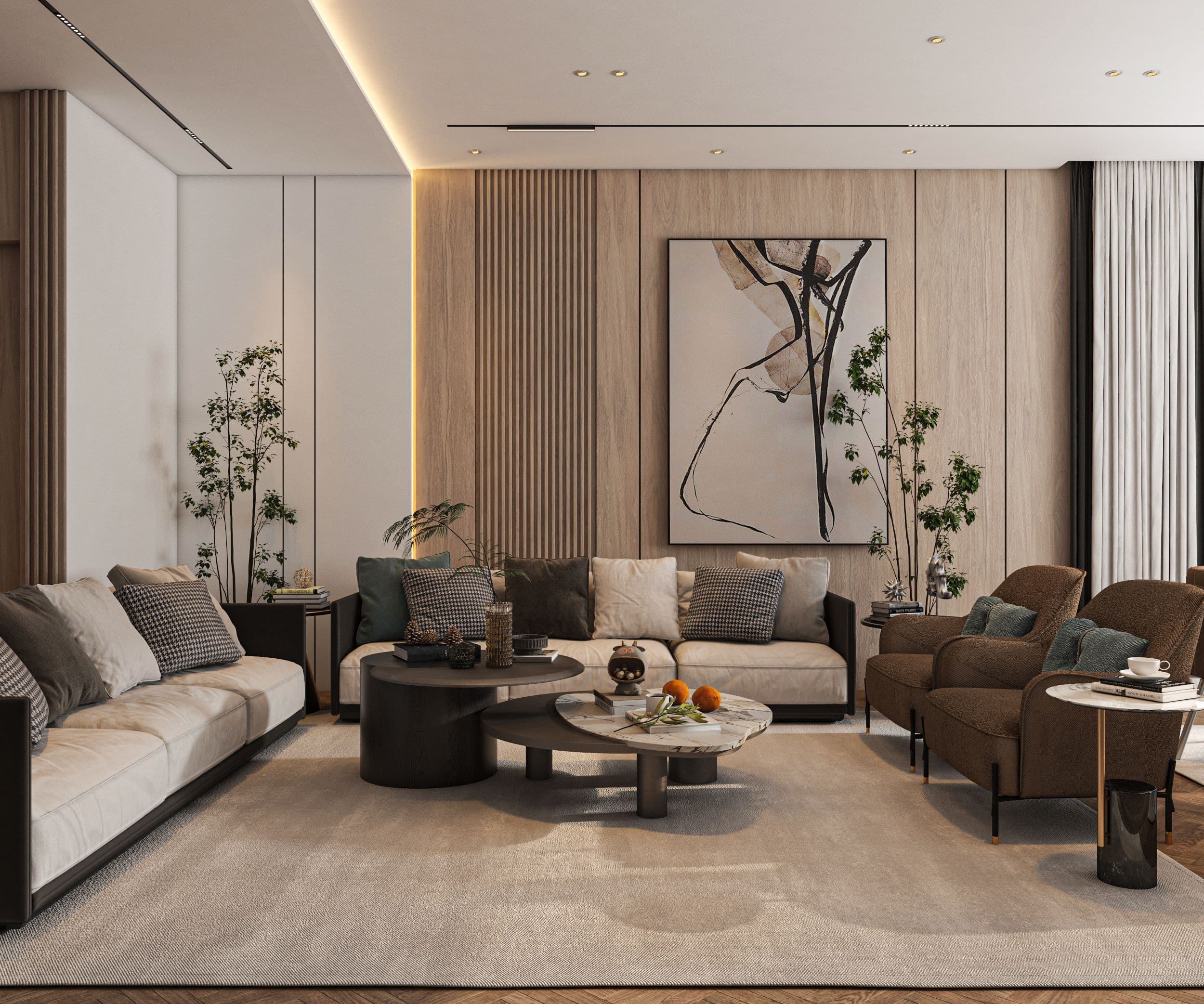 Living contemporan cu panouri din lemn și mobilier personalizat — detaliu de execuție și design VARENO