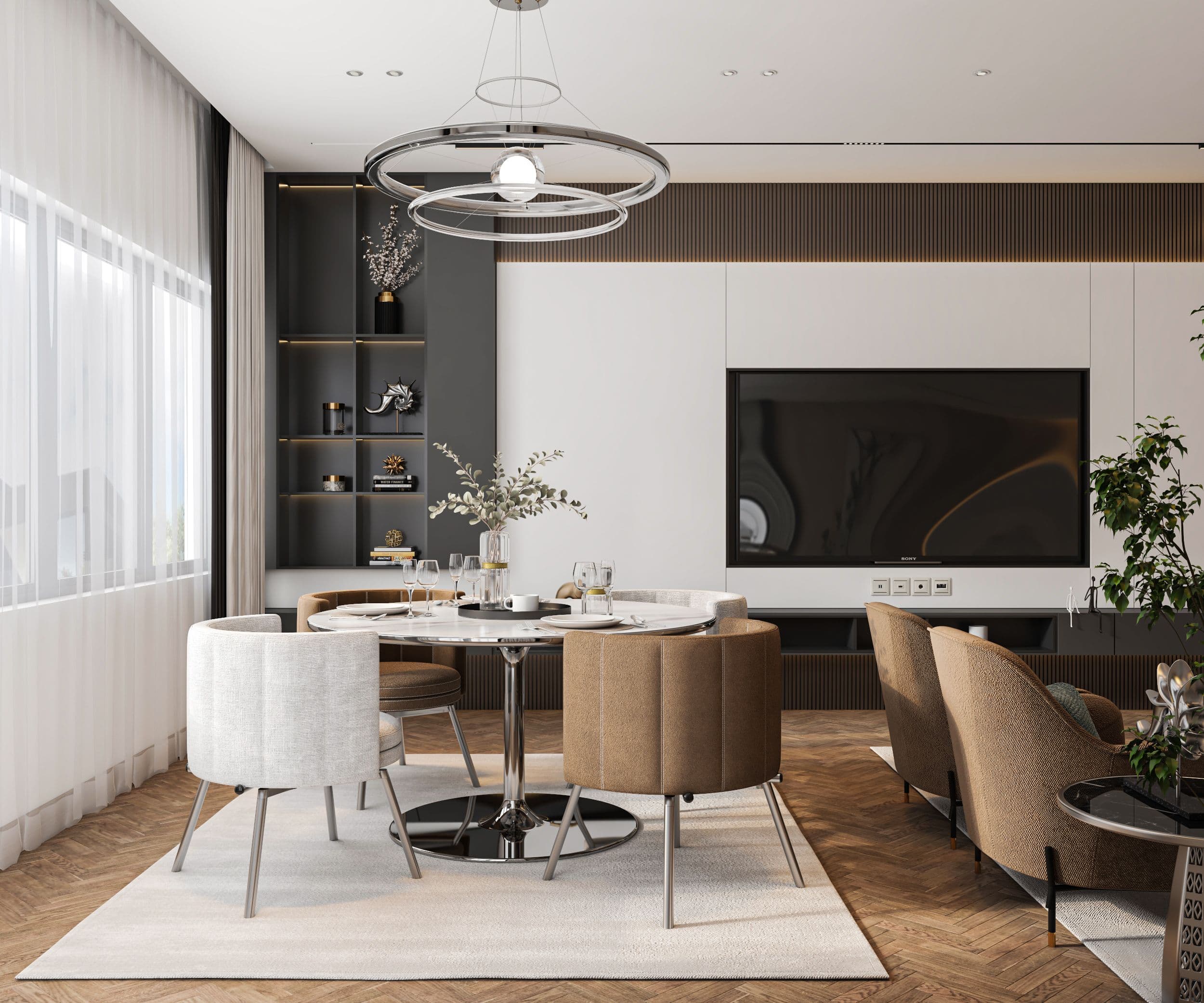 Living contemporan cu zonă de dining — direcția de design VARENO