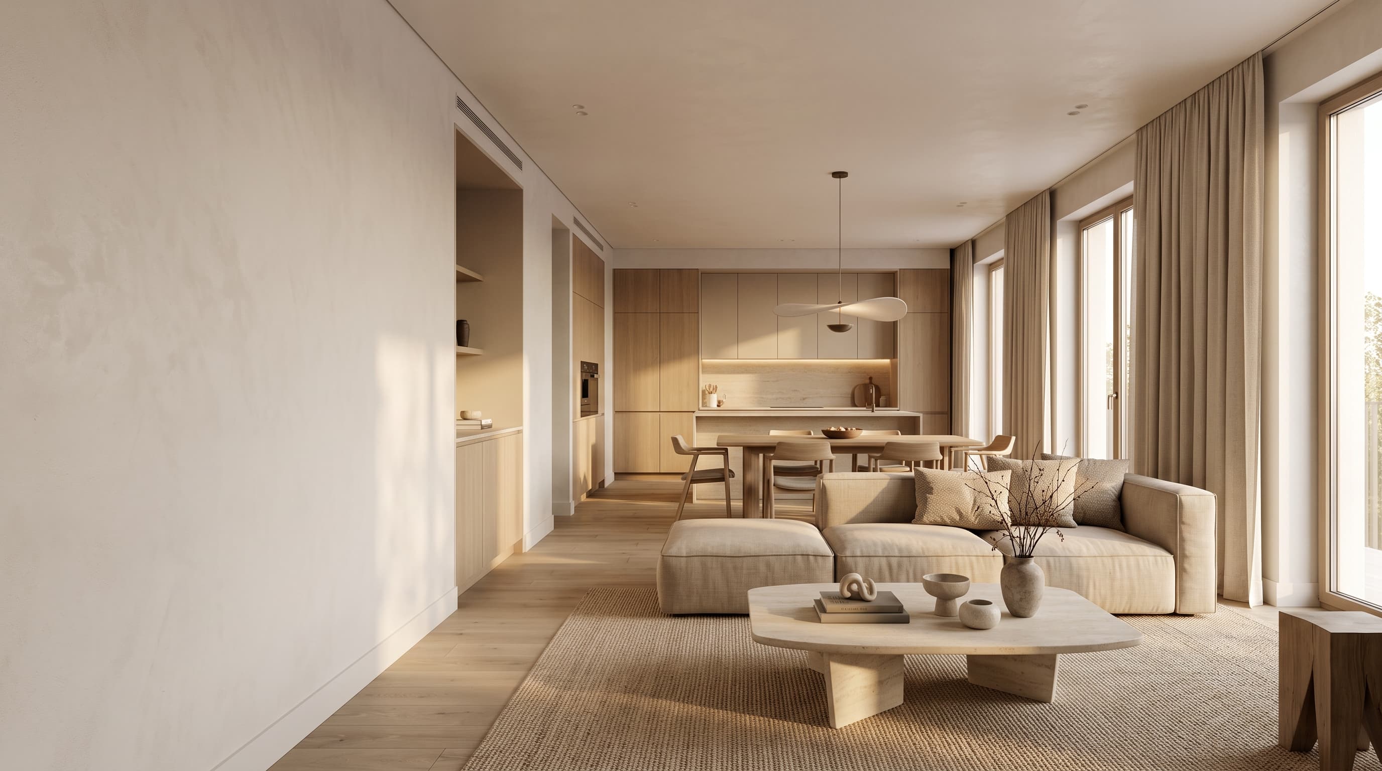 Living luminos cu bucătărie deschisă în stil minimalist — direcția de design VARENO